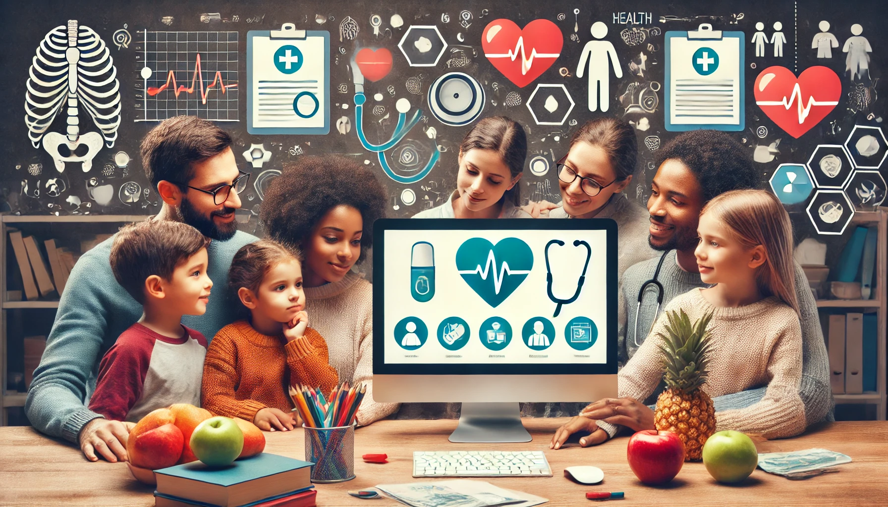 Eine Gruppe unterschiedlicher Erwachsener und Kinder sitzt um einen Tisch herum, an dem ein Computer mit Symbolen aus dem Gesundheitswesen steht. Im Hintergrund sind medizinische Symbole wie ein Stethoskop, ein Herzmonitor und ein Röntgengerät zu sehen. Auf dem Tisch liegen Bücher, Buntstifte und verschiedene Früchte, um Gesundheit und Bildung zu betonen. Eine Gruppe unterschiedlicher Erwachsener und Kinder sitzt um einen Tisch herum, an dem ein Computer mit Symbolen aus dem Gesundheitswesen steht. Im Hintergrund sind medizinische Symbole wie ein Stethoskop, ein Herzmonitor und ein Röntgengerät zu sehen. Auf dem Tisch liegen Bücher, Buntstifte und verschiedene Früchte, um Gesundheit und Bildung zu betonen.