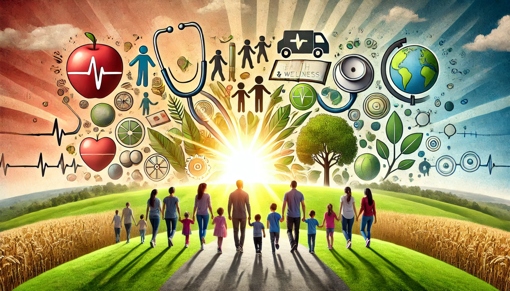 Eine bunt gemischte Gruppe von Menschen, darunter auch Kinder, geht Hand in Hand auf eine strahlende Sonne am Horizont zu. Über ihnen sind verschiedene Gesundheits- und Wellnesssymbole zu sehen, wie ein Stethoskop, ein Herz und ein Apfel, vor einem Hintergrund mit Lichtstrahlen und Naturelementen wie Bäumen und Blättern. Eine bunt gemischte Gruppe von Menschen, darunter auch Kinder, geht Hand in Hand auf eine strahlende Sonne am Horizont zu. Über ihnen sind verschiedene Gesundheits- und Wellnesssymbole zu sehen, wie ein Stethoskop, ein Herz und ein Apfel, vor einem Hintergrund mit Lichtstrahlen und Naturelementen wie Bäumen und Blättern.